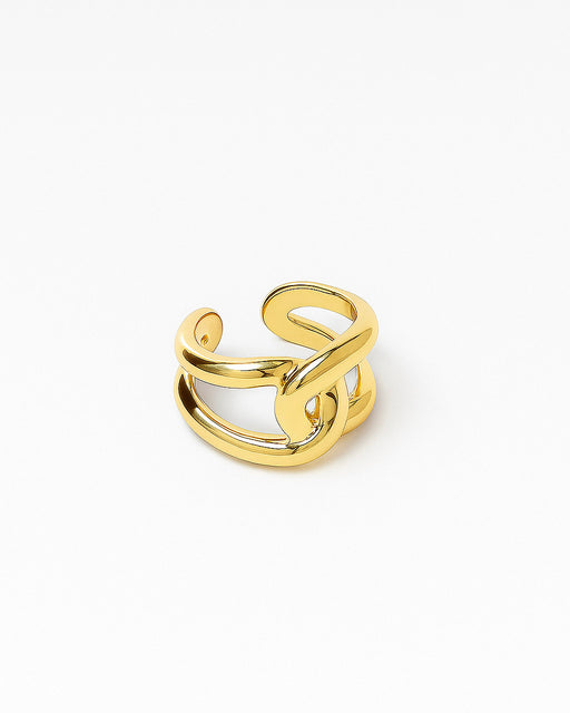 Minimalist bold gold dome ring on white background