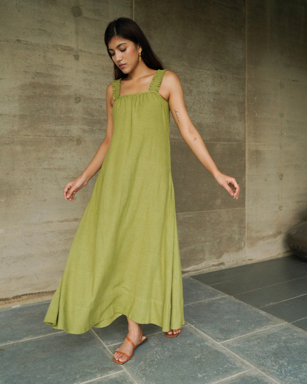 Suzanne Silk/Cotton Maxi Dress - Olive