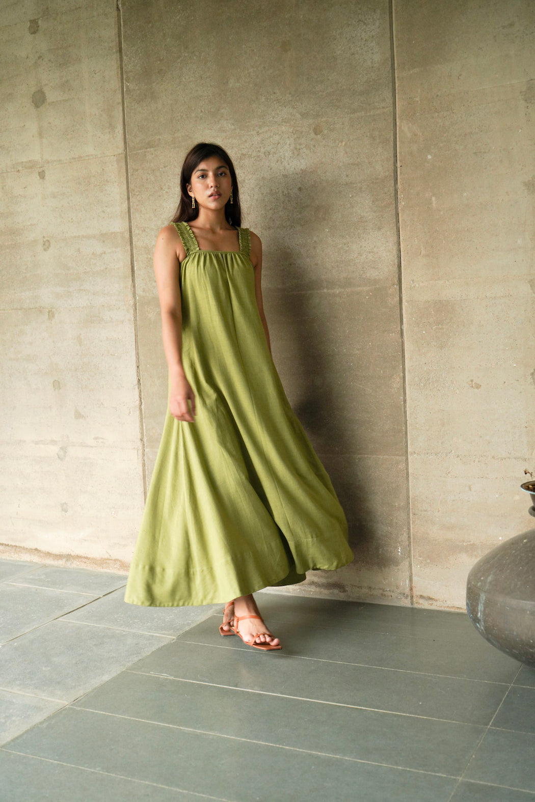 Suzanne Silk/Cotton Maxi Dress - Olive