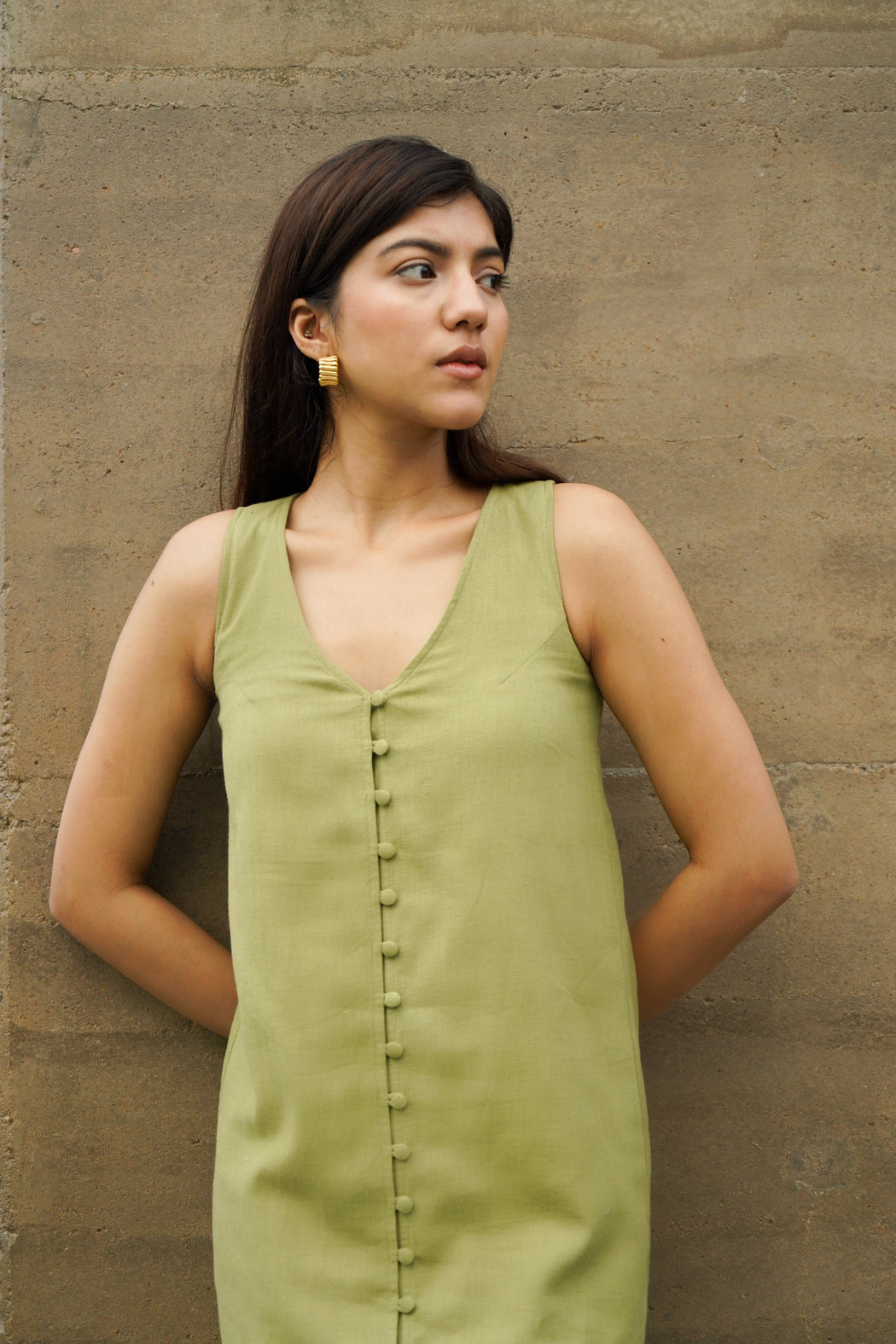 Sarah Linen Button-Front Dress - Olive