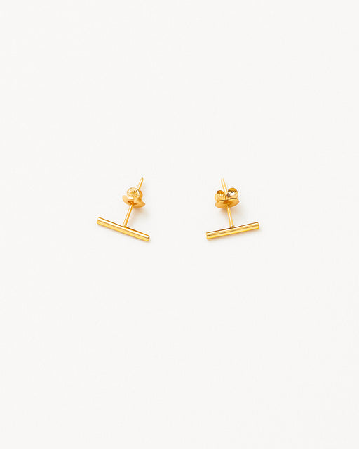 Close-up of Sloan minimalist bar stud earrings in 16K gold-plated, perfect for everyday wear.