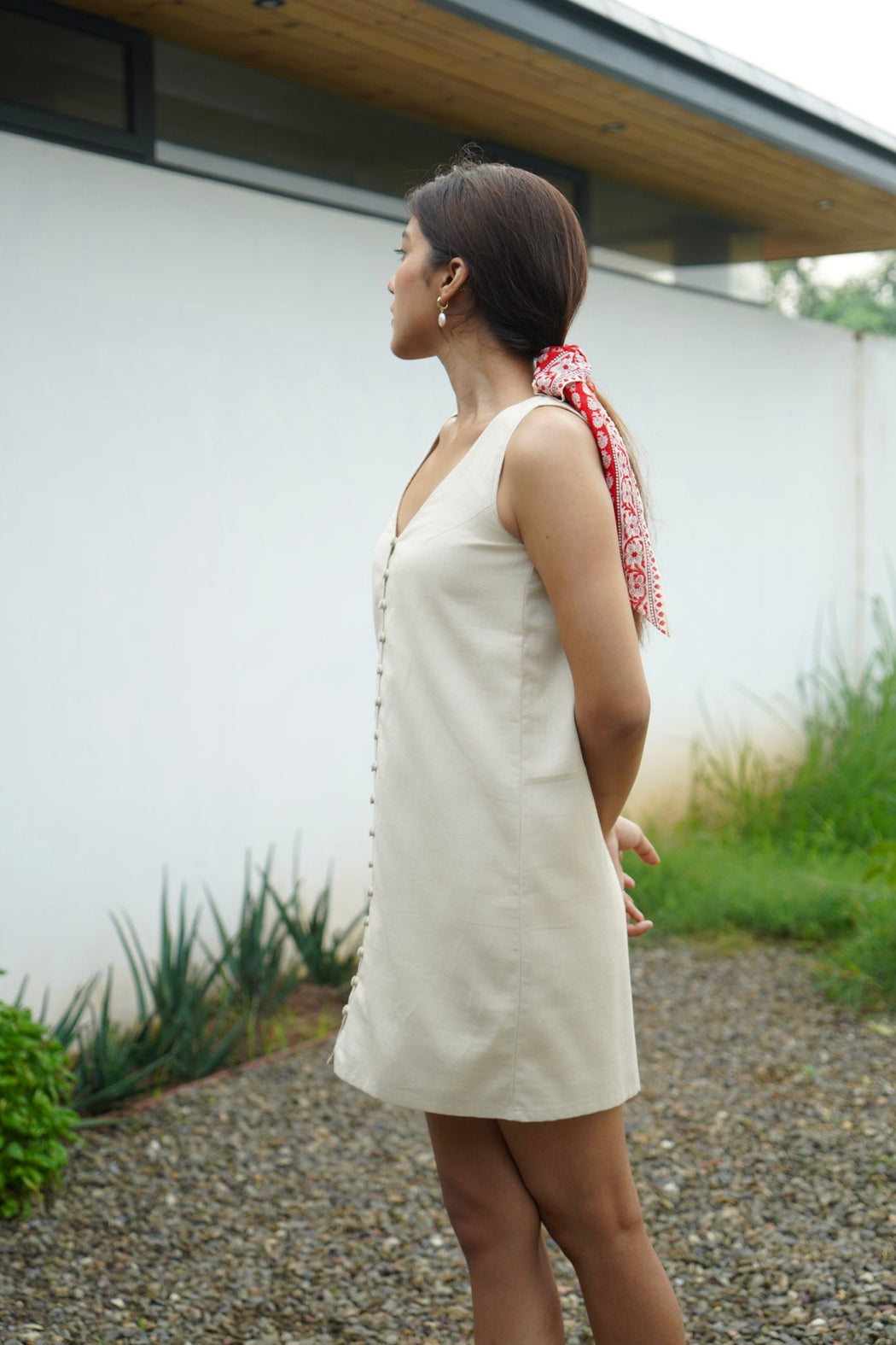 Sarah Linen Button-Front Dress - Pearl